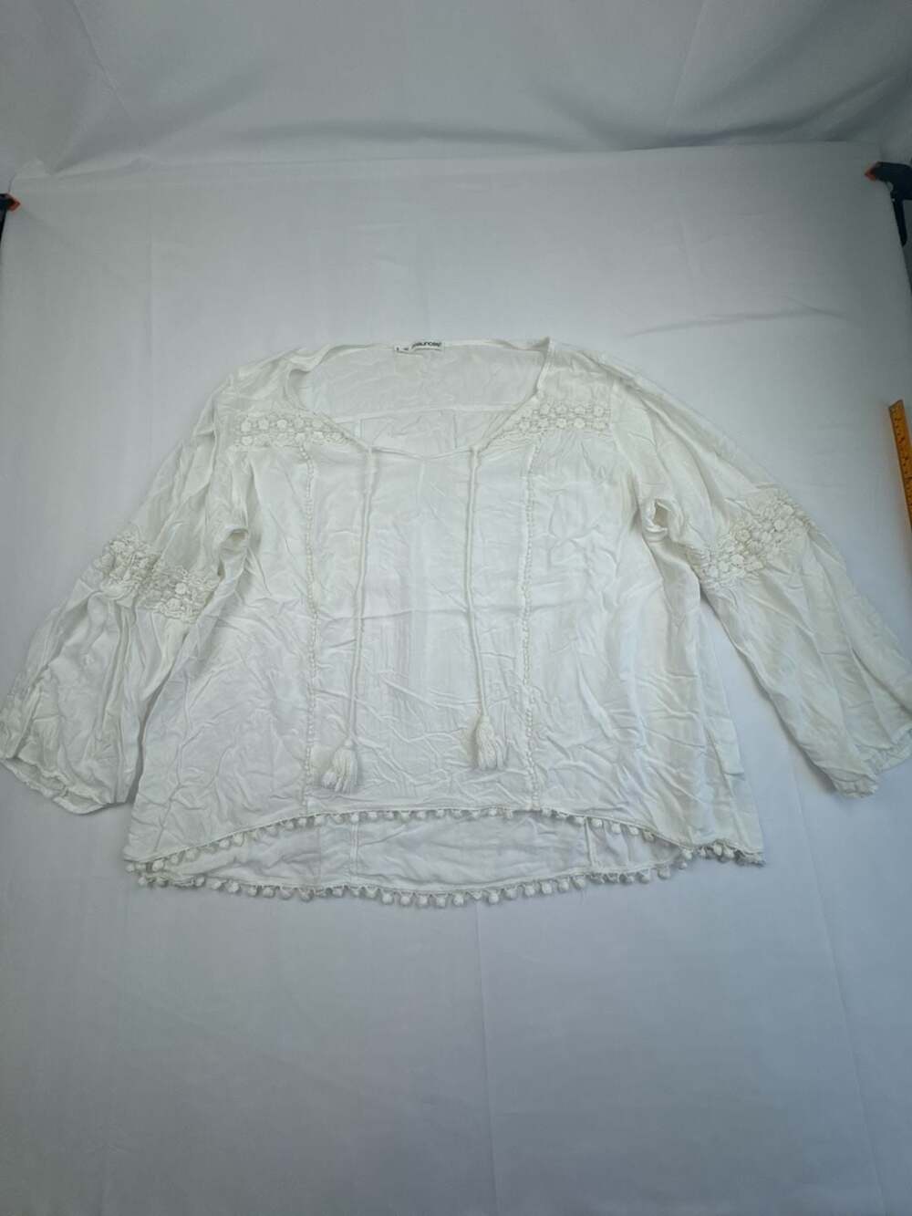 maurices Women's White Boho Peasant Blouse with Crochet Lace and Pom Pom Trim